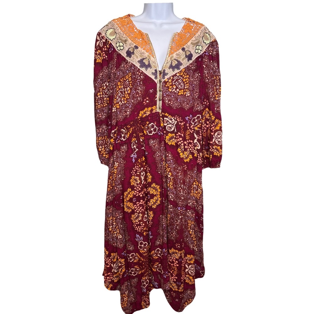 MAEVE x ANTHROPOLOGIE Womens Meredith Burgundy Paisley Boho Midi Dress Sz L